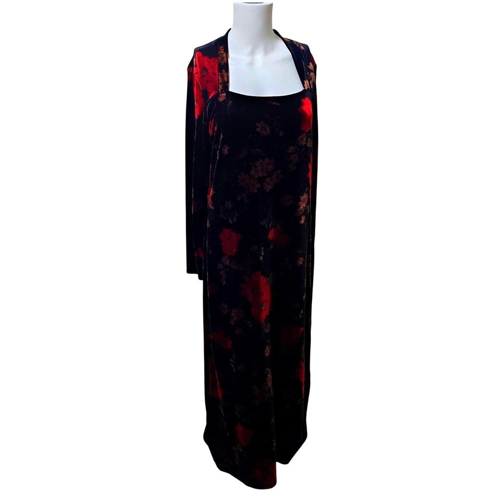 Vintage Dark Floral Velvet Maxi Dress Medium Square Neck Whimsygoth Vampire 90s